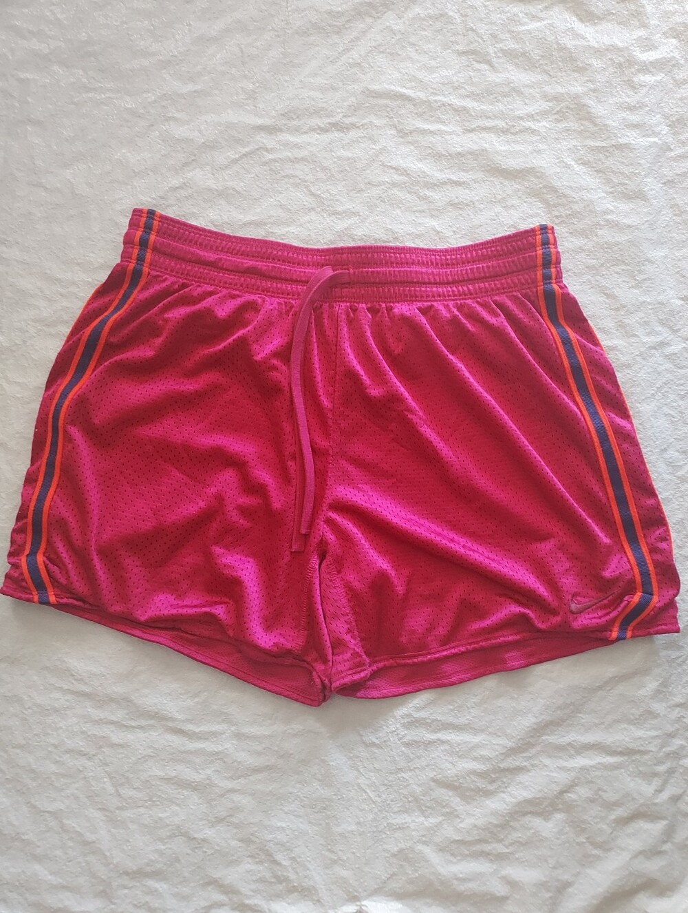 Nike Women's Bright Pink Mesh Athletic Shorts with Navy & Orange Side Stripes